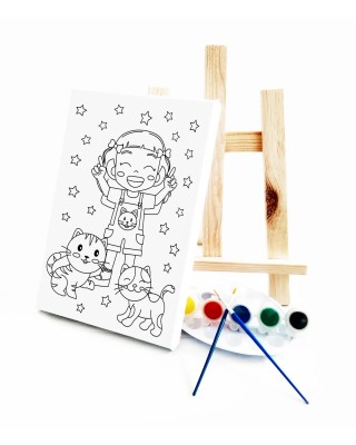 Kedili Kız Çocuk Ressam Seti - 20 x 30 cm Tuval, 2 Adet Fırça, Palet, Boyalar ve Şövale