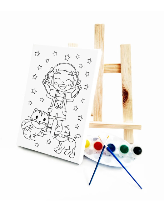 Kedili Kız Çocuk Ressam Seti - 20 x 30 cm Tuval, 2 Adet Fırça, Palet, Boyalar ve Şövale Kedili Kız Çocuk Ressam Seti - 20 x 30 cm Tuval, 2 Adet Fırça, Palet, Boyalar ve Şövale