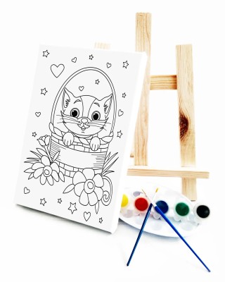Sepetteki Kedi Çocuk Ressam Seti - 20 x 30 cm Tuval, 2 Adet Fırça, Palet, Boyalar ve Şövale