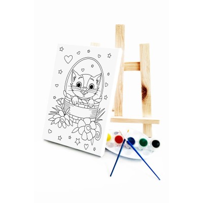 Sepetteki Kedi Çocuk Ressam Seti - 20 x 30 cm Tuval, 2 Adet Fırça, Palet, Boyalar ve Şövale