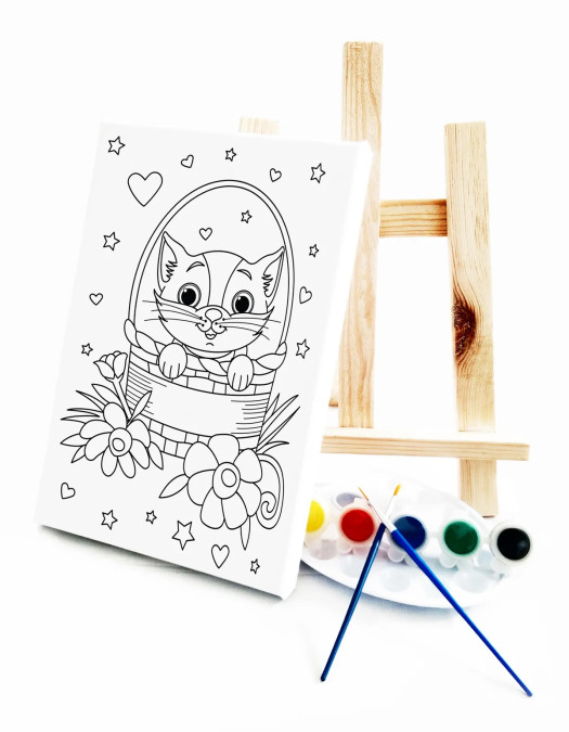 Sepetteki Kedi Çocuk Ressam Seti - 20 x 30 cm Tuval, 2 Adet Fırça, Palet, Boyalar ve Şövale