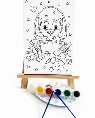 Sepetteki Kedi Çocuk Ressam Seti - 20 x 30 cm Tuval, 2 Adet Fırça, Palet, Boyalar ve Şövale