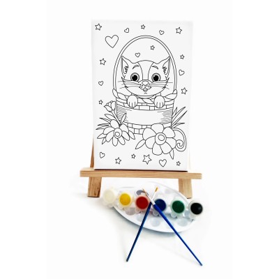 Sepetteki Kedi Çocuk Ressam Seti - 20 x 30 cm Tuval, 2 Adet Fırça, Palet, Boyalar ve Şövale