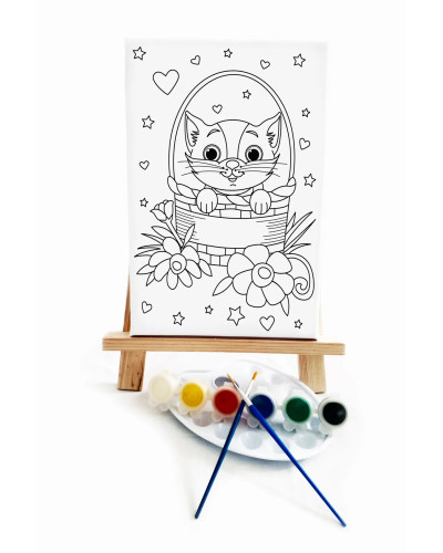 Sepetteki Kedi Çocuk Ressam Seti - 20 x 30 cm Tuval, 2 Adet Fırça, Palet, Boyalar ve Şövale