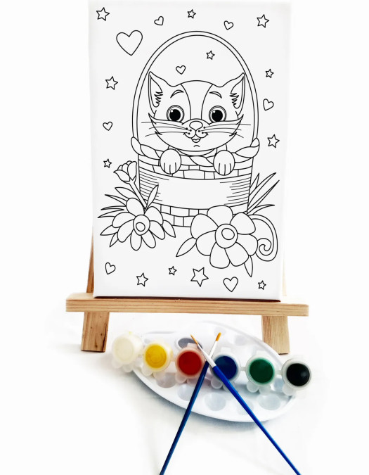 Sepetteki Kedi Çocuk Ressam Seti - 20 x 30 cm Tuval, 2 Adet Fırça, Palet, Boyalar ve Şövale