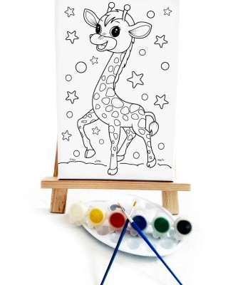 Zürafa Çocuk Ressam Seti - 20 x 30 cm Tuval, 2 Adet Fırça, Palet, Boyalar ve Şövale