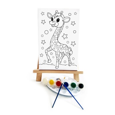 Zürafa Çocuk Ressam Seti - 20 x 30 cm Tuval, 2 Adet Fırça, Palet, Boyalar ve Şövale