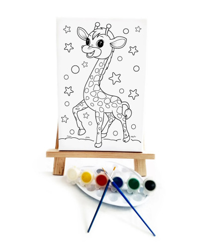 Zürafa Çocuk Ressam Seti - 20 x 30 cm Tuval, 2 Adet Fırça, Palet, Boyalar ve Şövale
