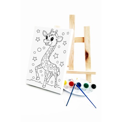 Zürafa Çocuk Ressam Seti - 20 x 30 cm Tuval, 2 Adet Fırça, Palet, Boyalar ve Şövale