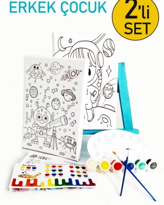 2'li Erkek Çocuk Boyama Seti - 2 Ad. 20 x 30 cm Önçizimli Tuval, Şövale, 2 Ad. Fırça, Palet ve Boya