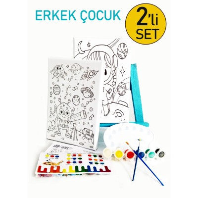 2'li Erkek Çocuk Boyama Seti - 2 Ad. 20 x 30 cm Önçizimli Tuval, Şövale, 2 Ad. Fırça, Palet ve Boya