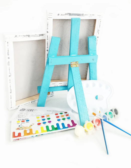 3'lü Erkek Çocuk Ressam Seti - 3 Ad. 20 x 30 cm Önçizimli Tuval, 2 Ad. Fırça, Palet, Boya ve Şövale
