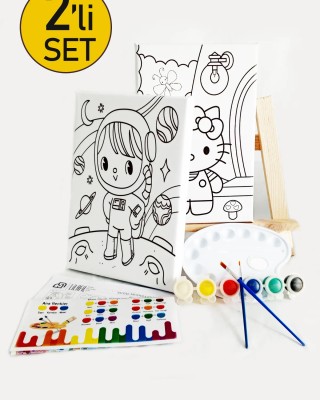 2'li Çocuk Ressam Seti - 2 Adet 20 x 30 cm Önçizimli Tuval, 2 Adet Fırça, Palet, Boyalar ve Şövale