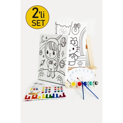 2'li Çocuk Ressam Seti - 2 Adet 20 x 30 cm Önçizimli Tuval, 2 Adet Fırça, Palet, Boyalar ve Şövale
