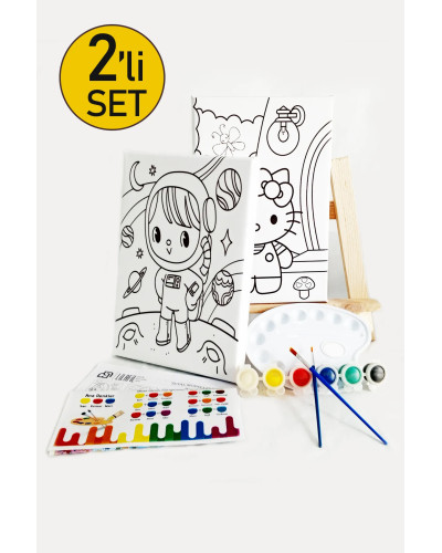 2'li Çocuk Ressam Seti - 2 Adet 20 x 30 cm Önçizimli Tuval, 2 Adet Fırça, Palet, Boyalar ve Şövale