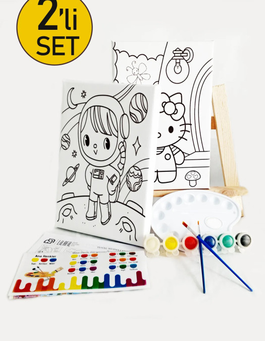 2'li Çocuk Ressam Seti - 2 Adet 20 x 30 cm Önçizimli Tuval, 2 Adet Fırça, Palet, Boyalar ve Şövale