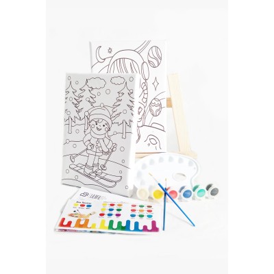 2'li Çocuk Ressam Seti - 2 Adet 20 x 30 cm Önçizimli Tuval, 2 Adet Fırça, Palet, Boyalar ve Şövale