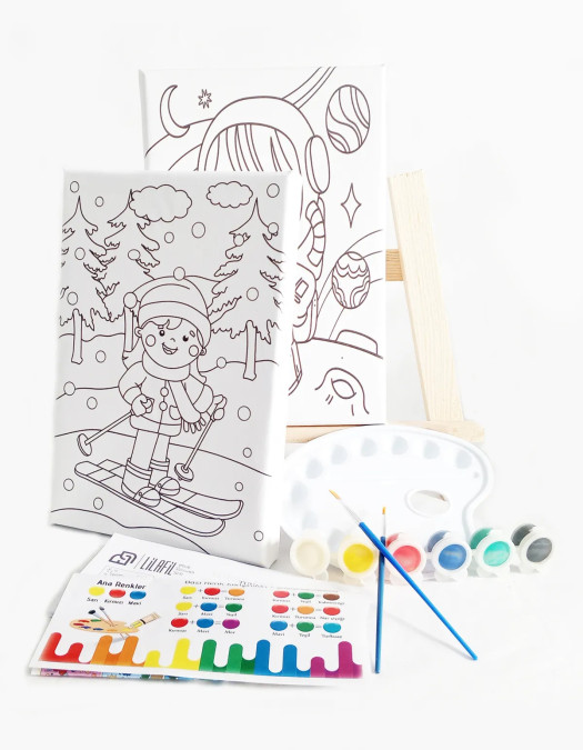 2'li Çocuk Ressam Seti - 2 Adet 20 x 30 cm Önçizimli Tuval, 2 Adet Fırça, Palet, Boyalar ve Şövale