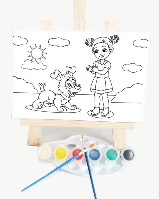 Kız & Köpeği Çocuk Ressam Seti - 20 x 30 cm Tuval, 2 Adet Fırça, Palet, Boyalar ve Şövale