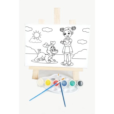 Kız & Köpeği Çocuk Ressam Seti - 20 x 30 cm Tuval, 2 Adet Fırça, Palet, Boyalar ve Şövale