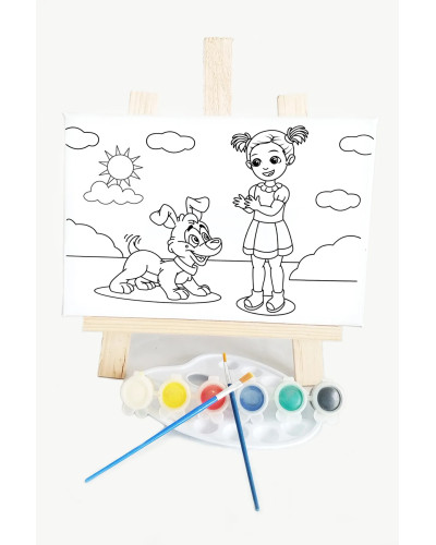 Kız & Köpeği Çocuk Ressam Seti - 20 x 30 cm Tuval, 2 Adet Fırça, Palet, Boyalar ve Şövale