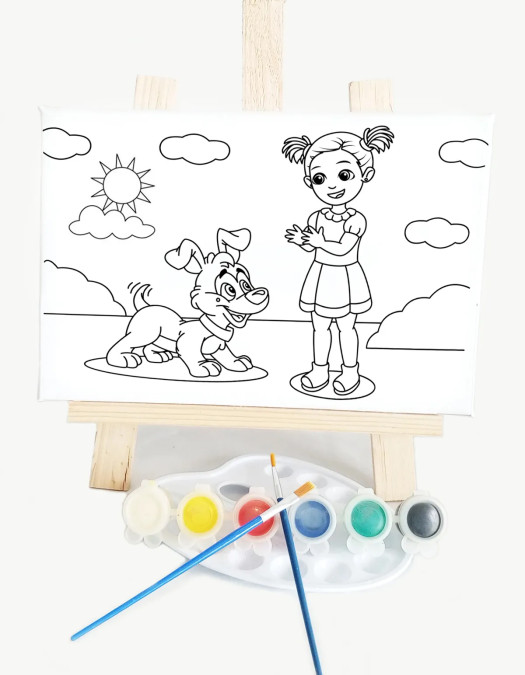 Kız & Köpeği Çocuk Ressam Seti - 20 x 30 cm Tuval, 2 Adet Fırça, Palet, Boyalar ve Şövale Kız & Köpeği Çocuk Ressam Seti - 20 x 30 cm Tuval, 2 Adet Fırça, Palet, Boyalar ve Şövale