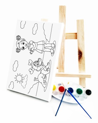 Kız & Köpeği Çocuk Ressam Seti - 20 x 30 cm Tuval, 2 Adet Fırça, Palet, Boyalar ve Şövale