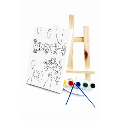 Kız & Köpeği Çocuk Ressam Seti - 20 x 30 cm Tuval, 2 Adet Fırça, Palet, Boyalar ve Şövale