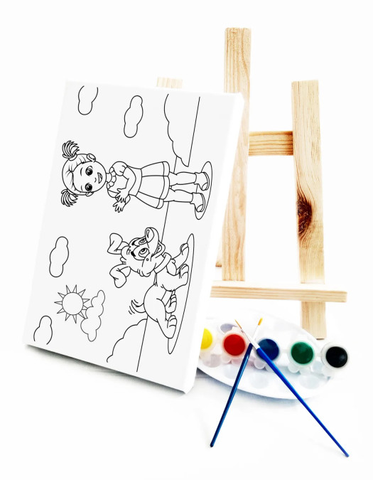 Kız & Köpeği Çocuk Ressam Seti - 20 x 30 cm Tuval, 2 Adet Fırça, Palet, Boyalar ve Şövale Kız & Köpeği Çocuk Ressam Seti - 20 x 30 cm Tuval, 2 Adet Fırça, Palet, Boyalar ve Şövale