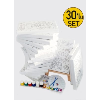 30'lu Çocuk Ressam Seti - 30 Adet 20 x 30 cm Önçizimli Tuval, 2 Ad. Fırça, Palet, Boya & Şövale
