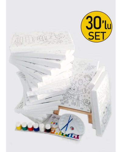 30'lu Çocuk Ressam Seti - 30 Adet 20 x 30 cm Önçizimli Tuval, 2 Ad. Fırça, Palet, Boya & Şövale