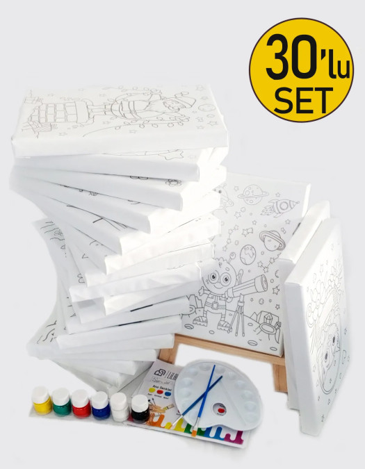 30'lu Çocuk Ressam Seti - 30 Adet 20 x 30 cm Önçizimli Tuval, 2 Ad. Fırça, Palet, Boya & Şövale 30'lu Çocuk Ressam Seti - 30 Adet 20 x 30 cm Önçizimli Tuval, 2 Ad. Fırça, Palet, Boya & Şövale