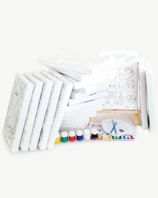 30'lu Çocuk Ressam Seti - 30 Adet 20 x 30 cm Önçizimli Tuval, 2 Ad. Fırça, Palet, Boya & Şövale