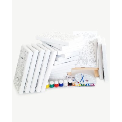 30'lu Çocuk Ressam Seti - 30 Adet 20 x 30 cm Önçizimli Tuval, 2 Ad. Fırça, Palet, Boya & Şövale