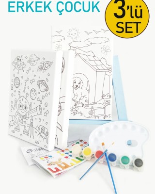 3'lü Erkek Çocuk Ressam Seti - 3 Ad. 20 x 30 cm Önçizimli Tuval, 2 Ad. Fırça, Palet, Boya ve Şövale