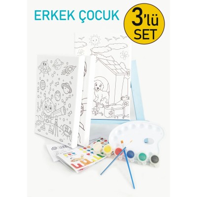 3'lü Erkek Çocuk Ressam Seti - 3 Ad. 20 x 30 cm Önçizimli Tuval, 2 Ad. Fırça, Palet, Boya ve Şövale
