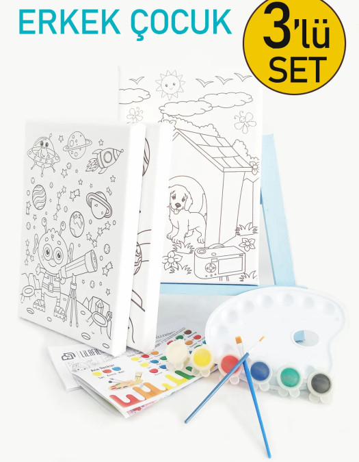 3'lü Erkek Çocuk Ressam Seti - 3 Ad. 20 x 30 cm Önçizimli Tuval, 2 Ad. Fırça, Palet, Boya ve Şövale