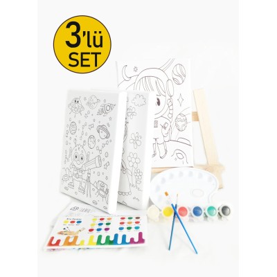 3'lü Çocuk Ressam Seti - 2 Adet 20 x 30 cm Önçizimli Tuval, 2 Adet Fırça, Palet, Boyalar ve Şövale