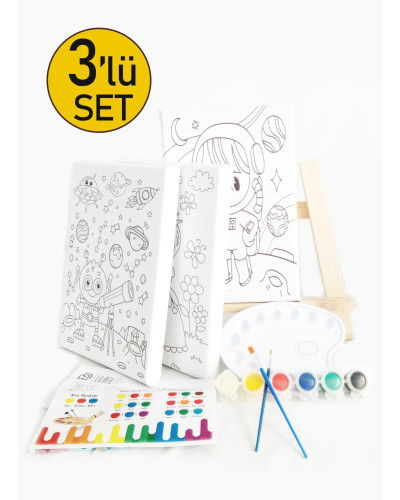 3'lü Çocuk Ressam Seti - 2 Adet 20 x 30 cm Önçizimli Tuval, 2 Adet Fırça, Palet, Boyalar ve Şövale