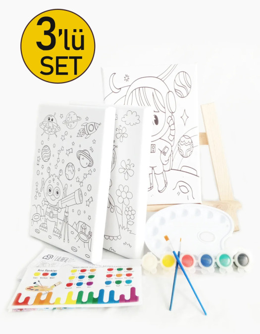 3'lü Çocuk Ressam Seti - 2 Adet 20 x 30 cm Önçizimli Tuval, 2 Adet Fırça, Palet, Boyalar ve Şövale