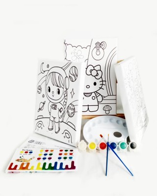 3'lü Çocuk Ressam Seti - 2 Adet 20 x 30 cm Önçizimli Tuval, 2 Adet Fırça, Palet, Boyalar ve Şövale