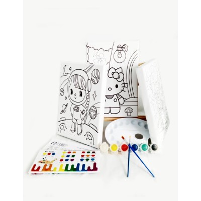 3'lü Çocuk Ressam Seti - 2 Adet 20 x 30 cm Önçizimli Tuval, 2 Adet Fırça, Palet, Boyalar ve Şövale