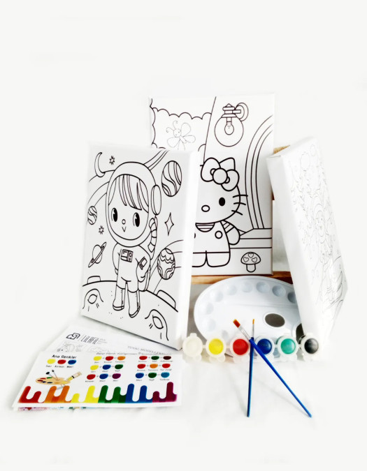 3'lü Çocuk Ressam Seti - 2 Adet 20 x 30 cm Önçizimli Tuval, 2 Adet Fırça, Palet, Boyalar ve Şövale