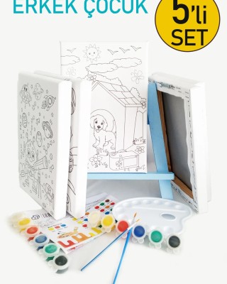 5'li Erkek Çocuk Ressam Seti - 5 Ad. 20 x 30 cm Önçizimli Tuval, 2 Ad. Fırça, Palet, Boya ve Şövale