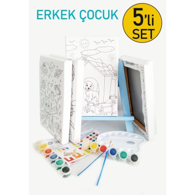 5'li Erkek Çocuk Ressam Seti - 5 Ad. 20 x 30 cm Önçizimli Tuval, 2 Ad. Fırça, Palet, Boya ve Şövale