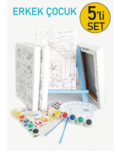 5'li Erkek Çocuk Ressam Seti - 5 Ad. 20 x 30 cm Önçizimli Tuval, 2 Ad. Fırça, Palet, Boya ve Şövale