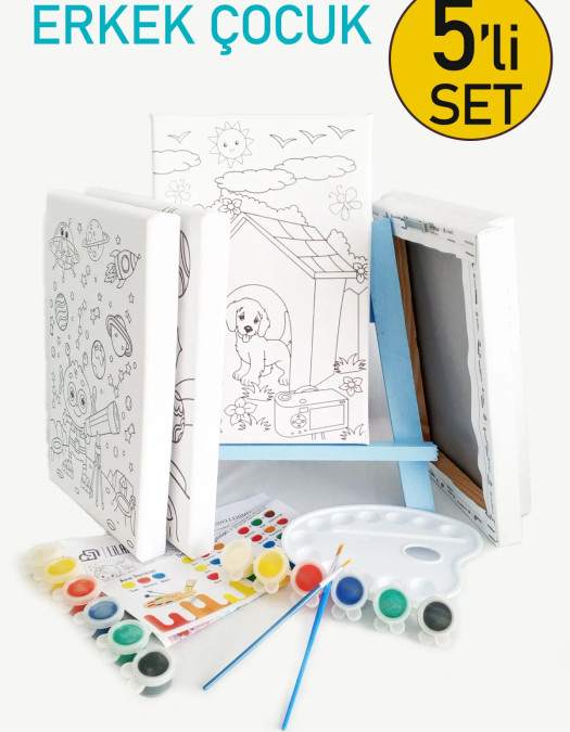 5'li Erkek Çocuk Ressam Seti - 5 Ad. 20 x 30 cm Önçizimli Tuval, 2 Ad. Fırça, Palet, Boya ve Şövale 5'li Erkek Çocuk Ressam Seti - 5 Ad. 20 x 30 cm Önçizimli Tuval, 2 Ad. Fırça, Palet, Boya ve Şövale