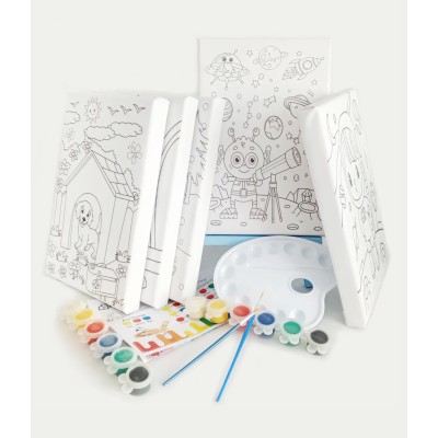 5'li Erkek Çocuk Ressam Seti - 5 Ad. 20 x 30 cm Önçizimli Tuval, 2 Ad. Fırça, Palet, Boya ve Şövale
