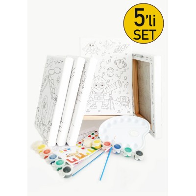 5'li Çocuk Ressam Seti - 5 Ad. 20 x 30 cm Önçizimli Tuval, 2 Ad. Fırça, Palet, Boya ve Şövale