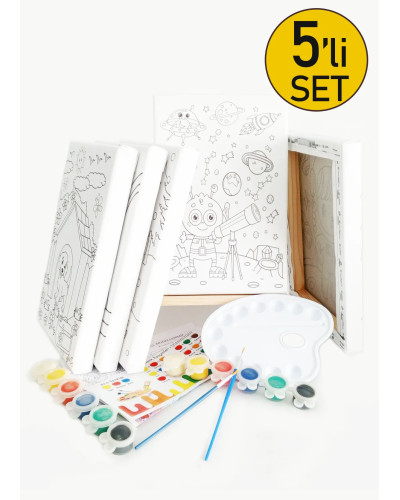 5'li Çocuk Ressam Seti - 5 Ad. 20 x 30 cm Önçizimli Tuval, 2 Ad. Fırça, Palet, Boya ve Şövale